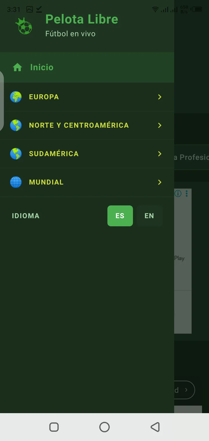 Pelota Libre APK home screen showing live football matches and league categories